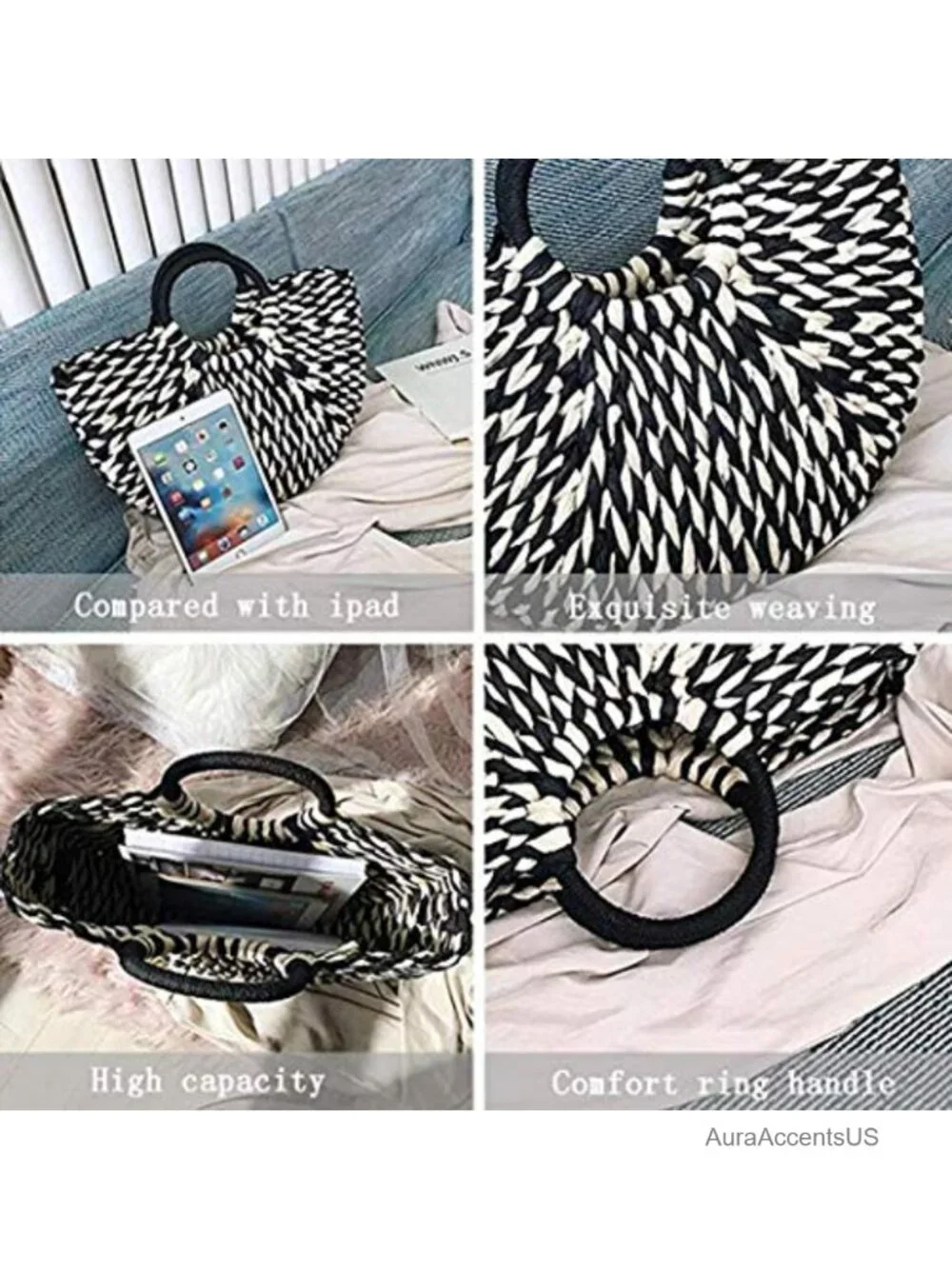 Natural Straw Handwoven Top Handle Tote Beach Bag Rattan Handbag